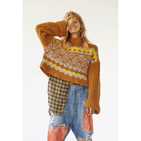 Free People Sweaters - Free People Alpine Mustard Yellow Fair Isle Wool Alpaca Blend Cropped Pullover M